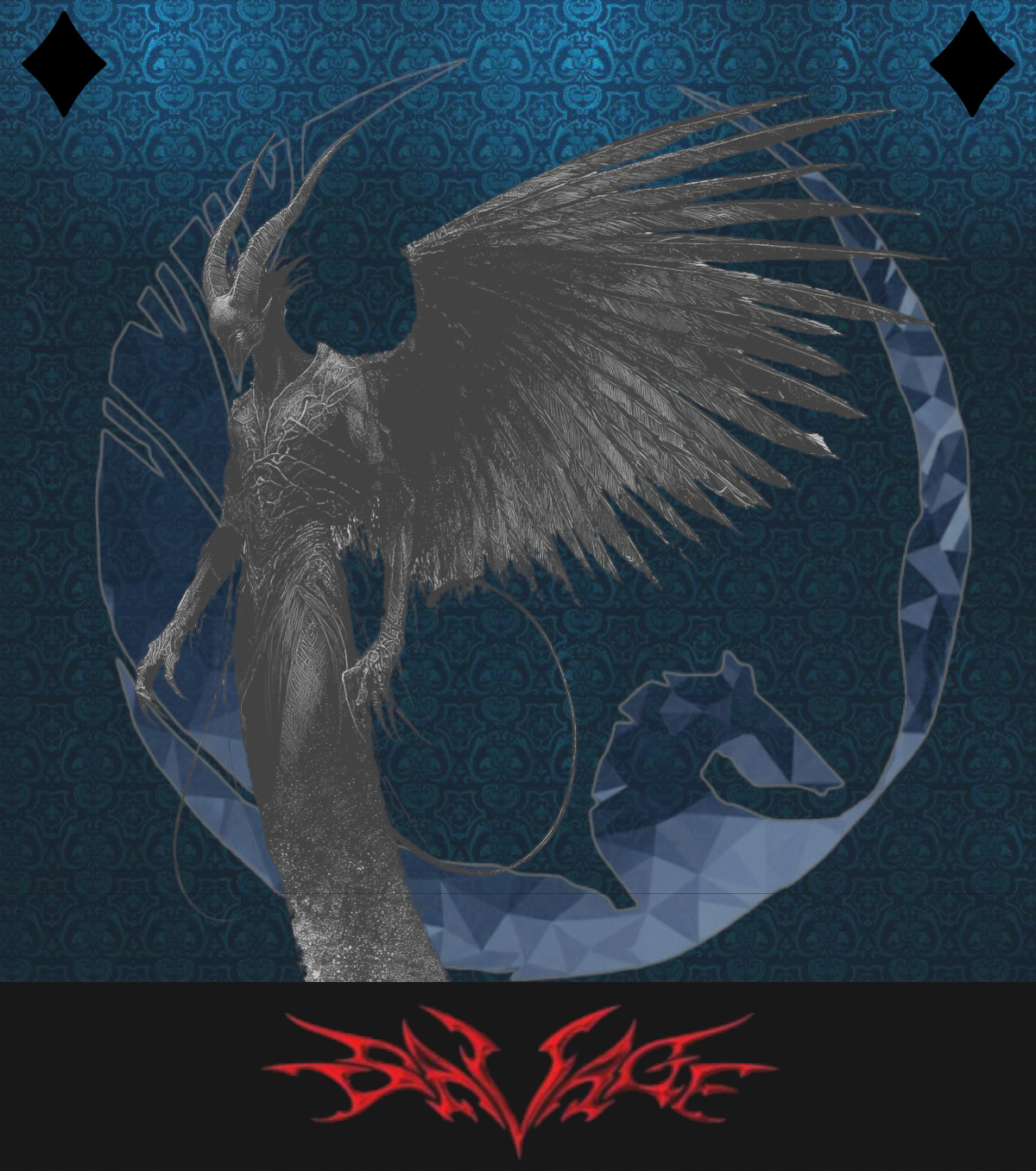 Egotism — a winged, horned, feathered watcher wreathed in a crowned silhouette